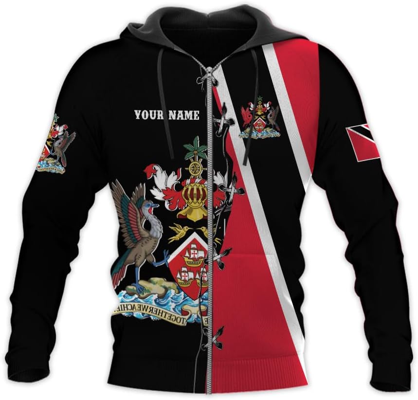 Vybonz Personalized Trinidad & Tobago Hoodie 3D Trinidad and Tobago Coat of Arms Flag Sweatshirt Trinidad Pride Zip Hoodie