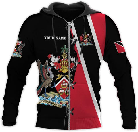 Vybonz Personalized Trinidad & Tobago Hoodie 3D Trinidad and Tobago Coat of Arms Flag Sweatshirt Trinidad Pride Zip Hoodie