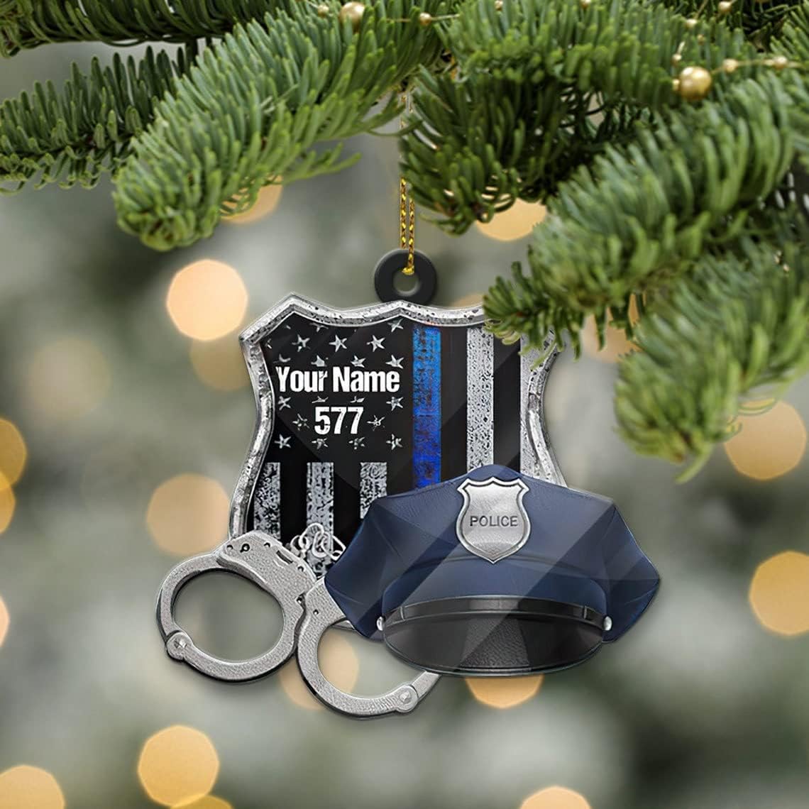 HomeDesign Personalized Police Ornaments Police Ornament Police Officer Flat Ornament Hanging, Police Gift Thin Blue Line Ornament Christmas Car Hanging Ornament Decorations Custom (Style 3)