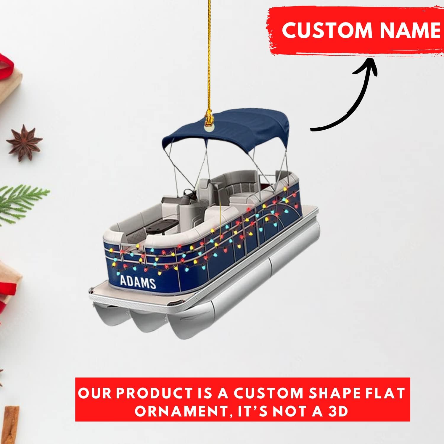 Pontoon Boat Ornament, Pontoon Christmas Ornament, Pontoon Boat Christmas Car Ornament, Pontoon Boat, Christmas Tree Ornament Hanging Decor, Custom Pontoon String Light Flat Ornament (Style 1)