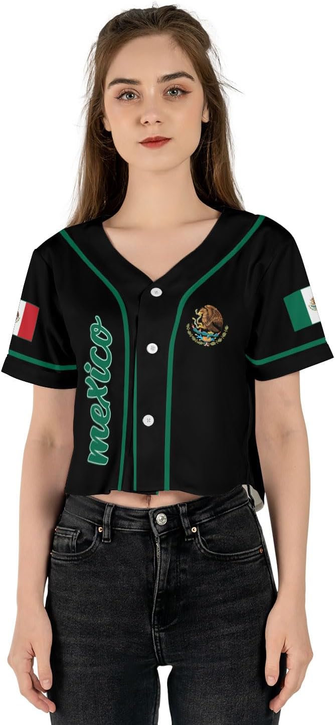 Mostefy Personalized Name Number Mexico Baseball Jersey Croptop Shirt, Mexican Shirts for Women, Mexico Shirts for Women