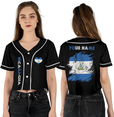 Personalized Nicaragua Baseball Jersey Croptop Shirt, Nicaraguan Flag Jersey, Nicaragua Croptop Jersey for Women Pride