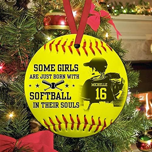 TinoShop Personalized Softball Ornament Girls with Softball in Their Souls Circle Ornament Ceramic Ornaments Christmas Tree Hanging Pine Tree (Softball 1)