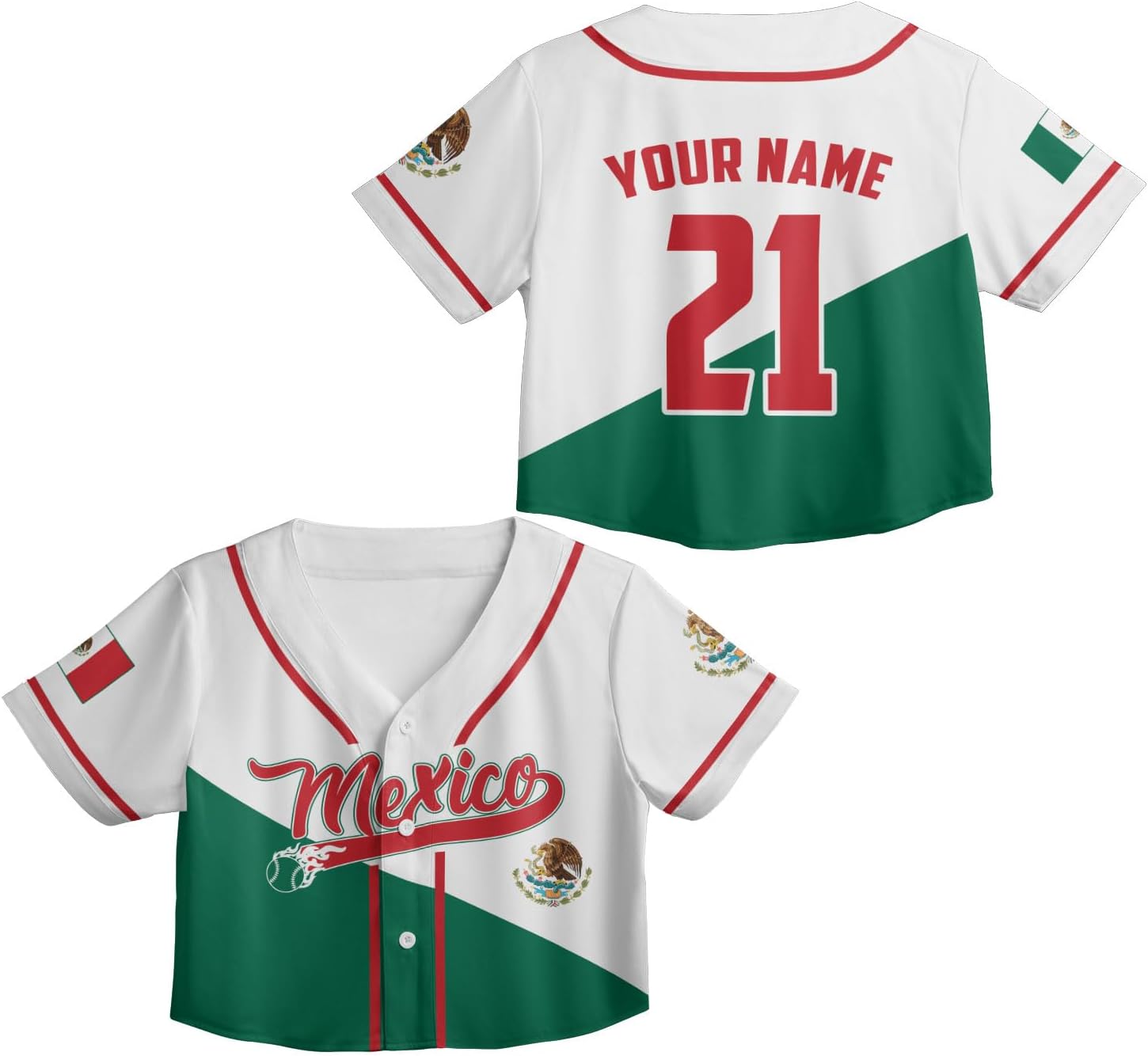 Mostprints Personalized Name Number Mexico Baseball Jersey Croptop Shirt, Mexican Shirts for Women, Mexico Shirts for Women