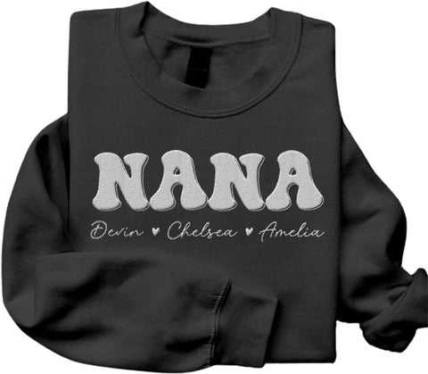 Personalized Nana Sweatshirt for Women, Custom Nana with Grandkids Names Gifts Christmas, Vallentine, Mothers Day (Polycotton, SS10)