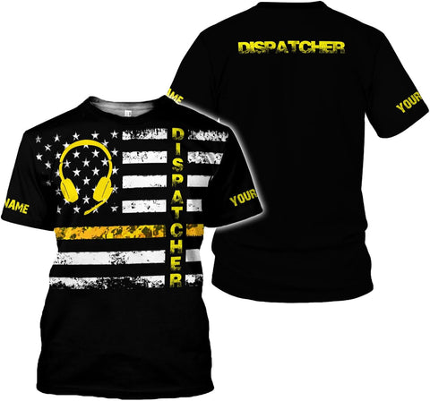 Personalized 911 Dispatcher 3D Shirt, Custom Dispatcher 3D T-Shirt, Thin Gold Line Flag 3D Shirts, Dispatcher Hoodie for Men