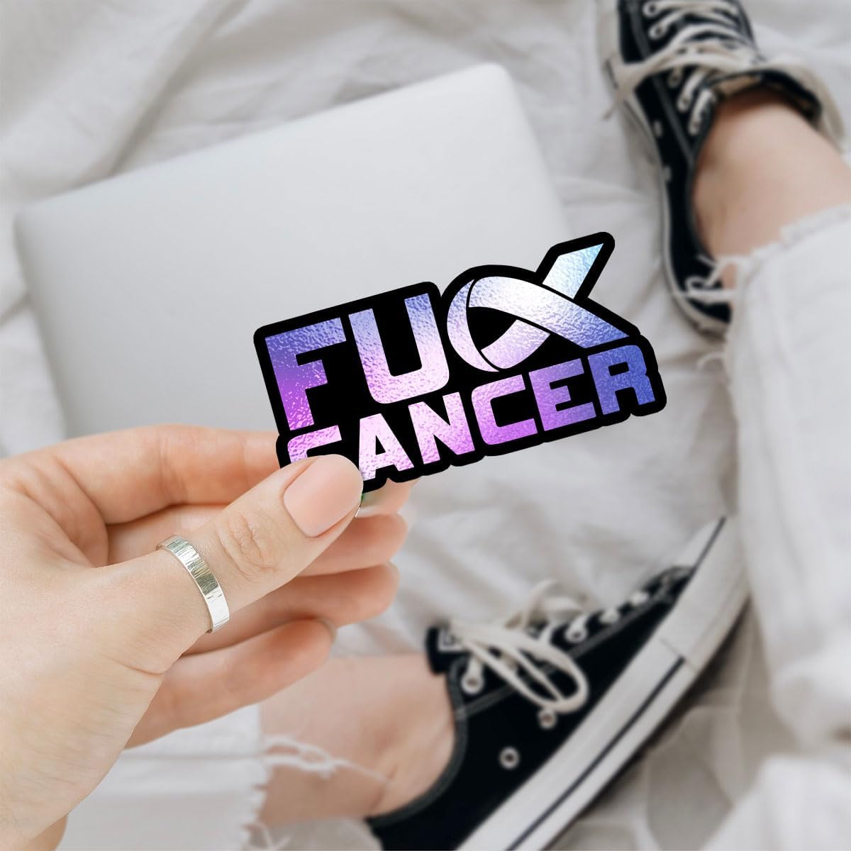 (3PCs) Fuck Cancer Bumper Vinyl Sticker, Cancer Awareness Purple Glitter Ribbon Sticker, Inspirational Cancer Quote Stickers, Fuck Cancer Gifts - Stickers for Laptop Water Bottle Phone Car Helmet 3"