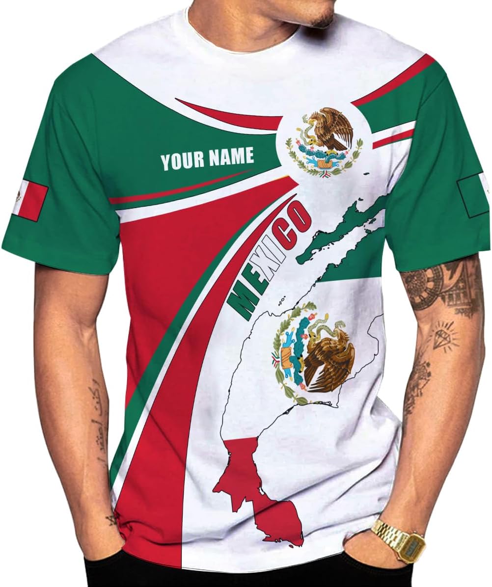 Mostefy Personalized Name Mexican Shirts 3D Customized Mexico Shirt US Flag, Mexican Shirts for Women Unisex