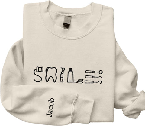Personalized Dental Assistant Dental Hygienist Embroidered Sweatshirt Crew Neck Smile Dental Teeth Dentist Shirt Long Sleeve
