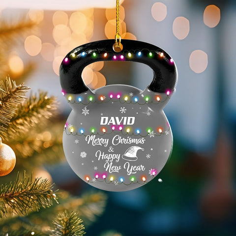 mostprints Personalized Dumbbell Ornament, Fitness Gift for Gym Workout Trainer Coach Instructor, Barbell Weight Plates Custom Ornament for Weightlifter, Weightlifting Ornament (D2)