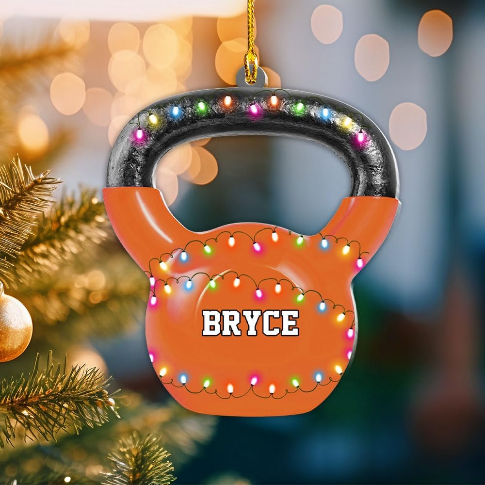mostprints Personalized Dumbbell Ornament, Fitness Gift for Gym Workout Trainer Coach Instructor, Barbell Weight Plates Custom Ornament for Weightlifter, Weightlifting Ornament (D5)
