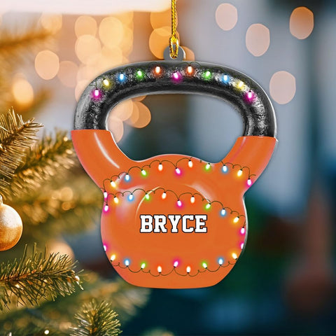 mostprints Personalized Dumbbell Ornament, Fitness Gift for Gym Workout Trainer Coach Instructor, Barbell Weight Plates Custom Ornament for Weightlifter, Weightlifting Ornament (D5)