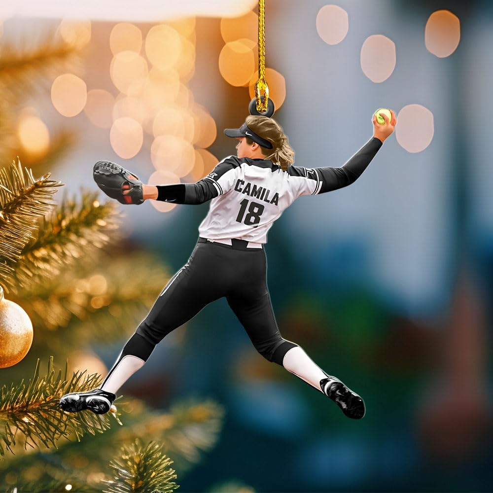 MoonArt Personalized Softball Ornament Christmas Tree Decoration Custom Softball Christmas Ornament 2D Shape Flat Softball Lover Gifts Beginner Softball Players Ornament Gift (SB3)