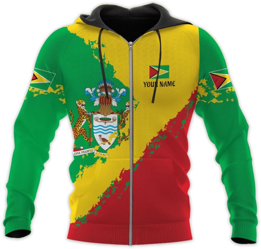 Leprints Personalized Guyana Hoodie 3D Guyanese Coat of Arms Flag Guyana 3D Sweatshirt Guyana Guyanese Pride Gift Zip Hoodie
