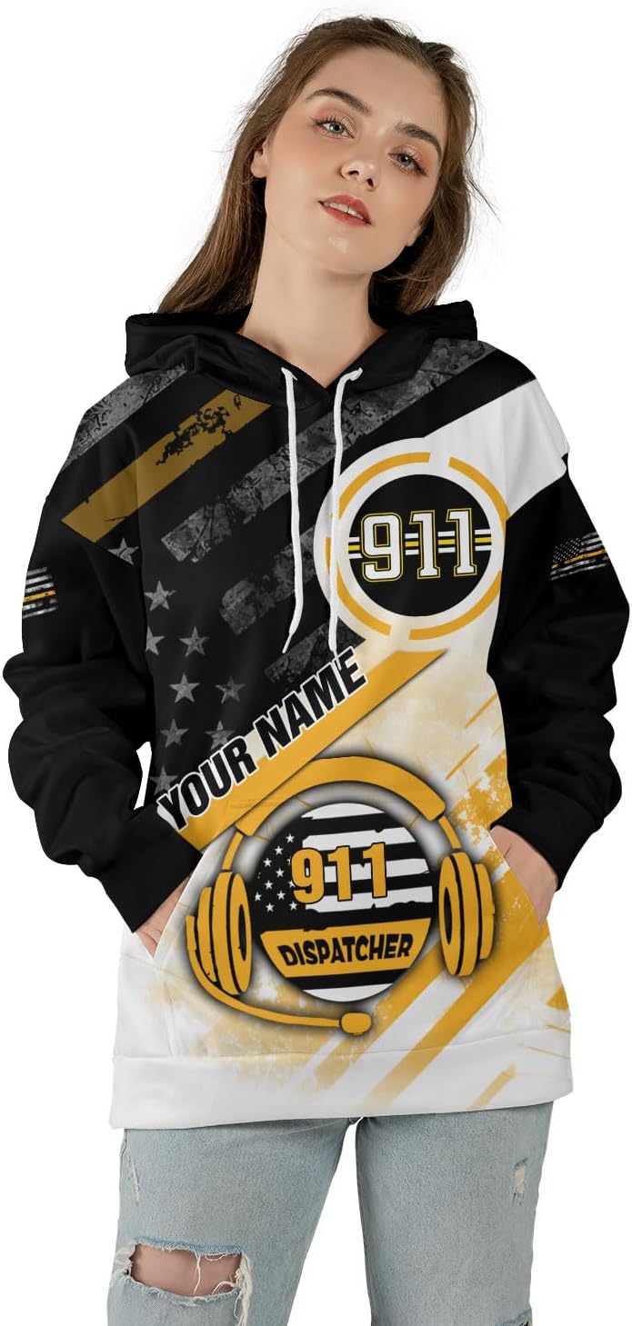 Leeprints Personalized 911 Dispatcher 3D Hoodie, Custom Sweatshirt, Thin Gold Line Flag 3D Zip Shirt