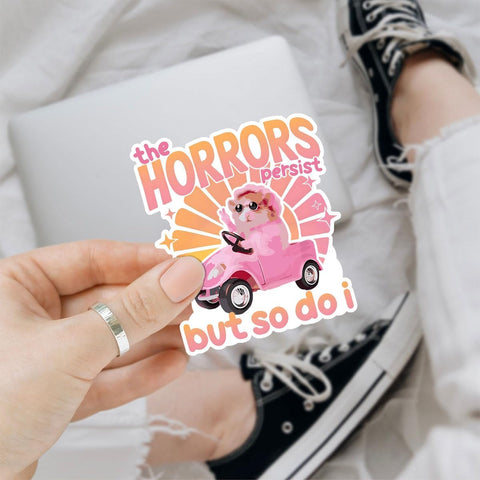 3 Pcs The Horrors Persist but So Do I Sticker, Funny Hamster Horror Stickers Mental Health, The Horrors Persist but So Do I Stickers for Laptop Water Bottle Phone Car Helmet Hard Hat Gifts 3"x3"