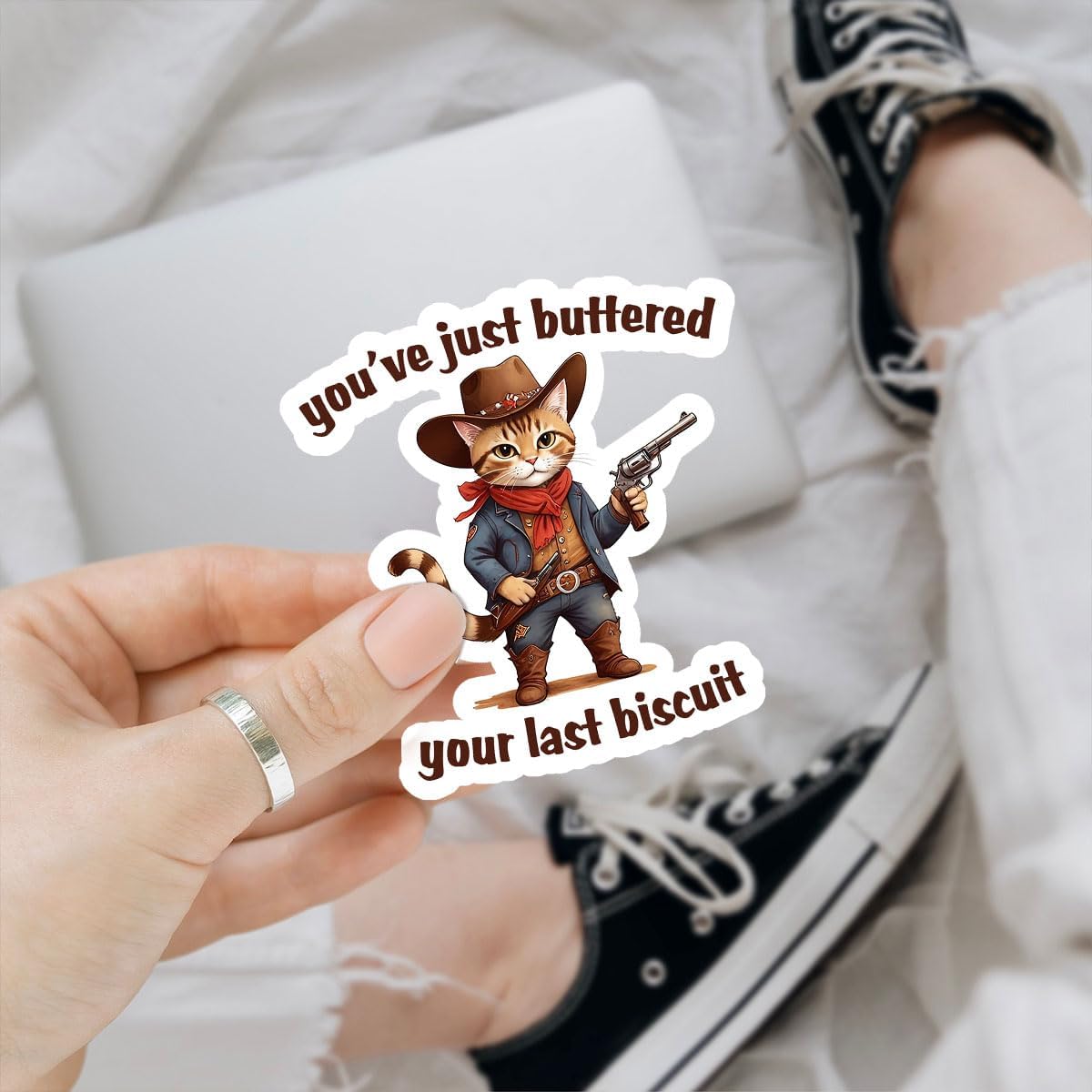 3pcs You've Just Buttered Your Last Biscuit Sticker, Funny Sarcastic Sticker, Cat Cowboy, Western Stickers for Water Bottles, Bumper Vinyl Stickers 3x3 for Laptop Phone Car Window Helmet