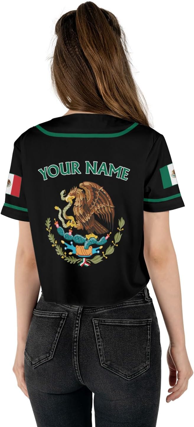 Mostprints Personalized Name Number Mexico Baseball Jersey Croptop Shirt, Mexican Shirts for Women, Mexico Shirts for Women