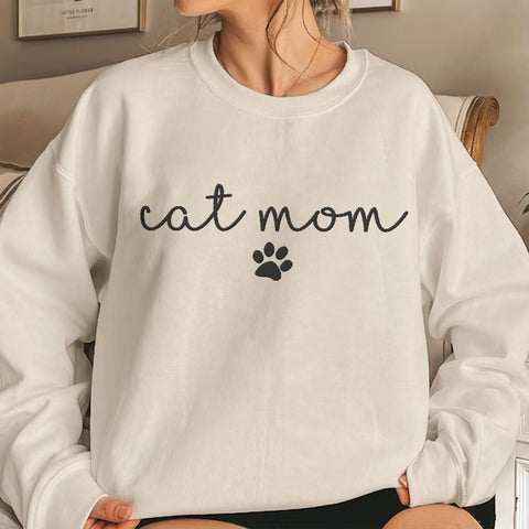 Custom Cat Mom Embroidered Sweatshirt, Personalized Cat Mom Crewneck Sweatshirt for Women, Cat Mama Shirt Gifts (Cotton, SS213)
