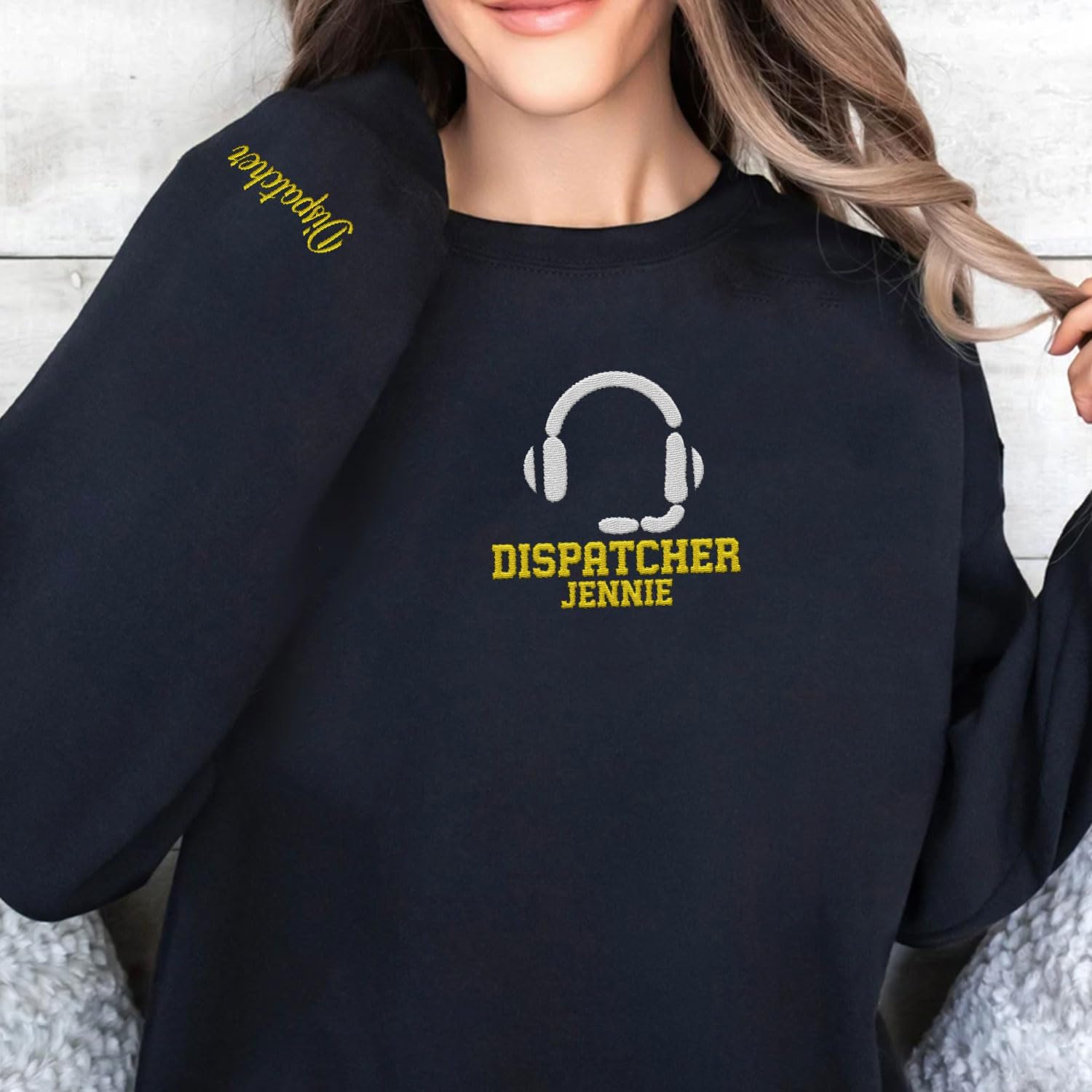 Custom Dispatcher Embroidered Sweatshirt with Thin Gold Line Flag 911 Emergency Services Personalized Shirt for Men and Women