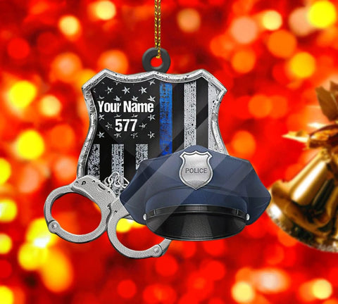 Parvii Personalized Name Police Ornaments Police Gifts Police Christmas Ornament Police Vest Bullet Proof Flat Hanging Printed Plastic Custom Police Ornament Decorations (Black Vest) (Badge with Hat)