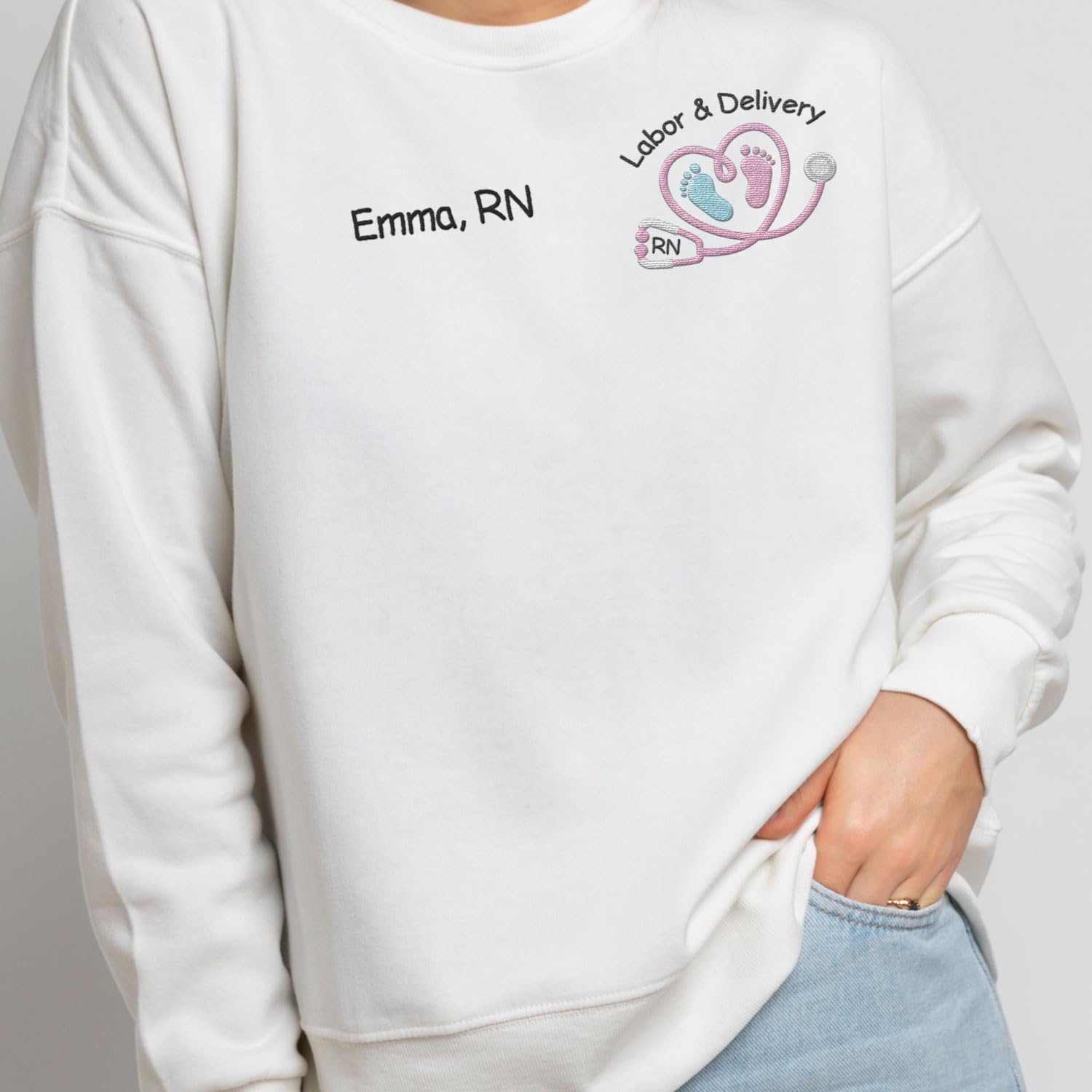 Suseaz Personalized Labor and Delivery Nurse Embroidered Sweatshirt, LD Sweatshirt Hoodie, L&D Sweater for Women