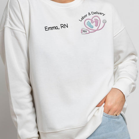 Suseaz Personalized Labor and Delivery Nurse Embroidered Sweatshirt, LD Sweatshirt Hoodie, L&D Sweater for Women