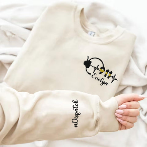 Leeprints Personalized Embroidered Dispatcher 911 Sweatshirt Pulse Dispatch Embroider Hoodie Thin Gold Line 911 Shirt