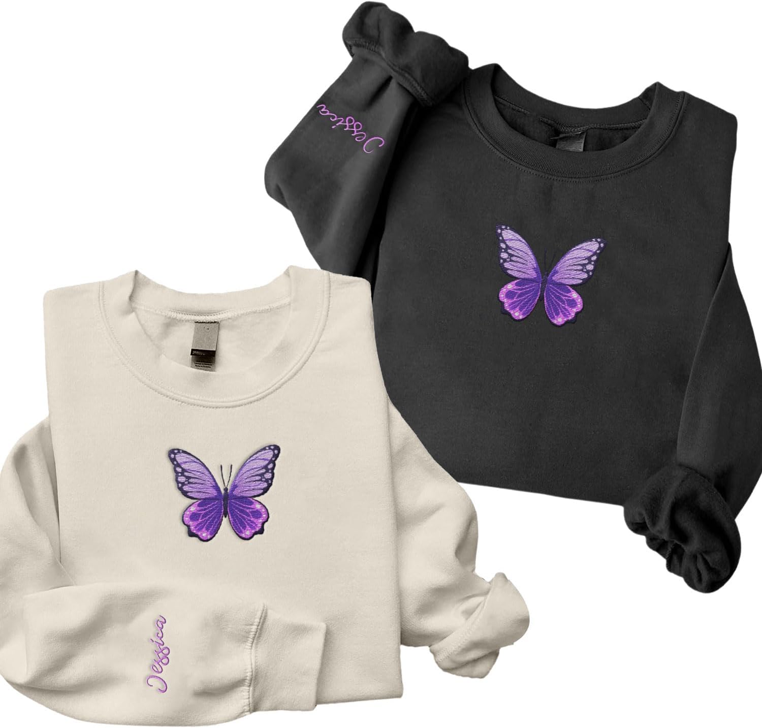 Podagree Personalized Butterfly Embroidered Sweatshirt, Custom Pink Butterfly Hoodie Name FLower Graphic