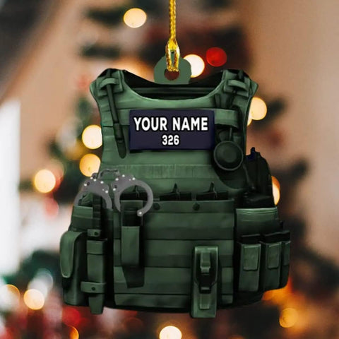 Parvii Personalized Name Police Ornaments Police Gifts Police Christmas Ornament Police Vest Bullet Proof Flat Hanging Printed Plastic Custom Police Ornament Decorations (Black Vest) (All Police Vest)