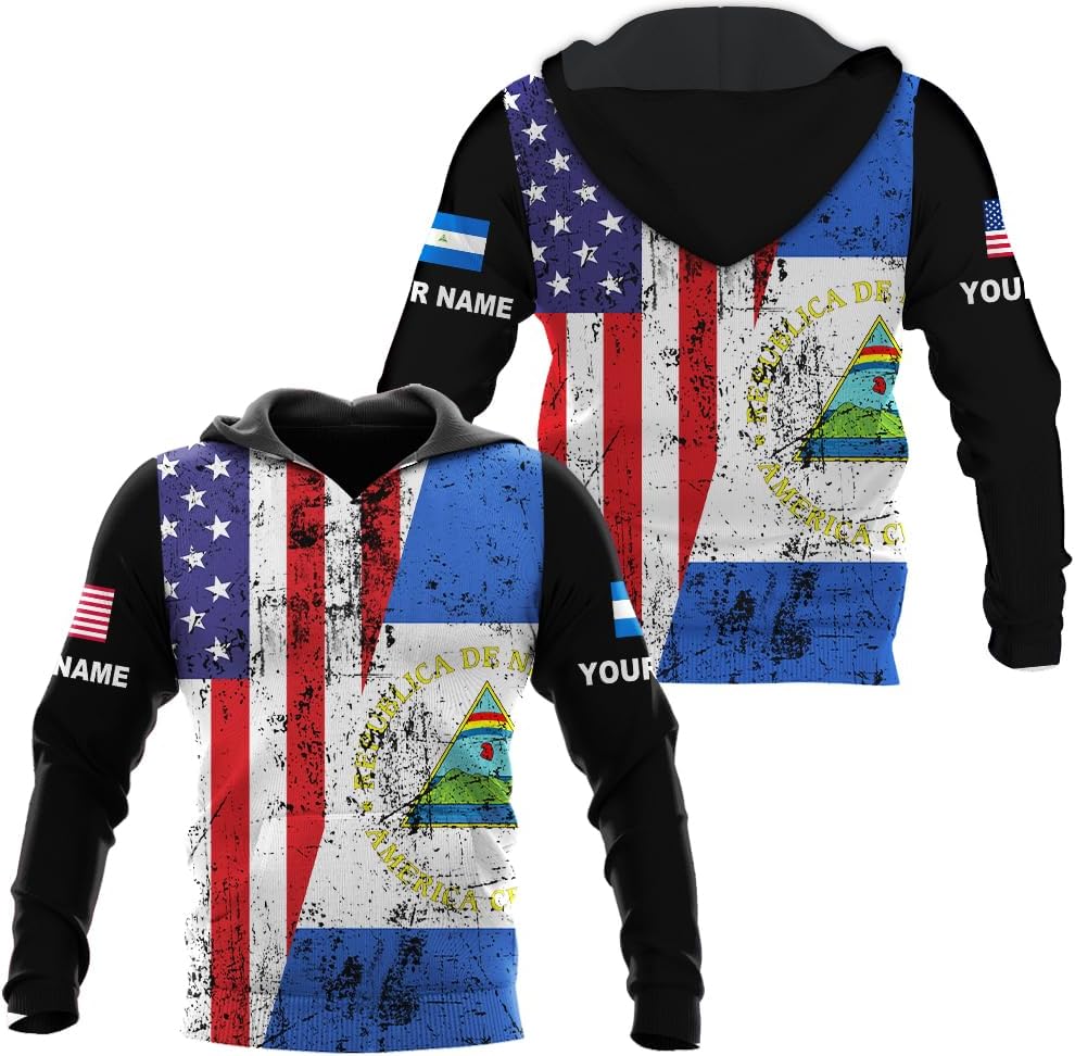Vybonz Personalized Nicaragua APO Hoodie, Nicaraguan Pride Nicaragua Flag 3D Zip Hoodie Sweatshirt Tshirt Men and Women