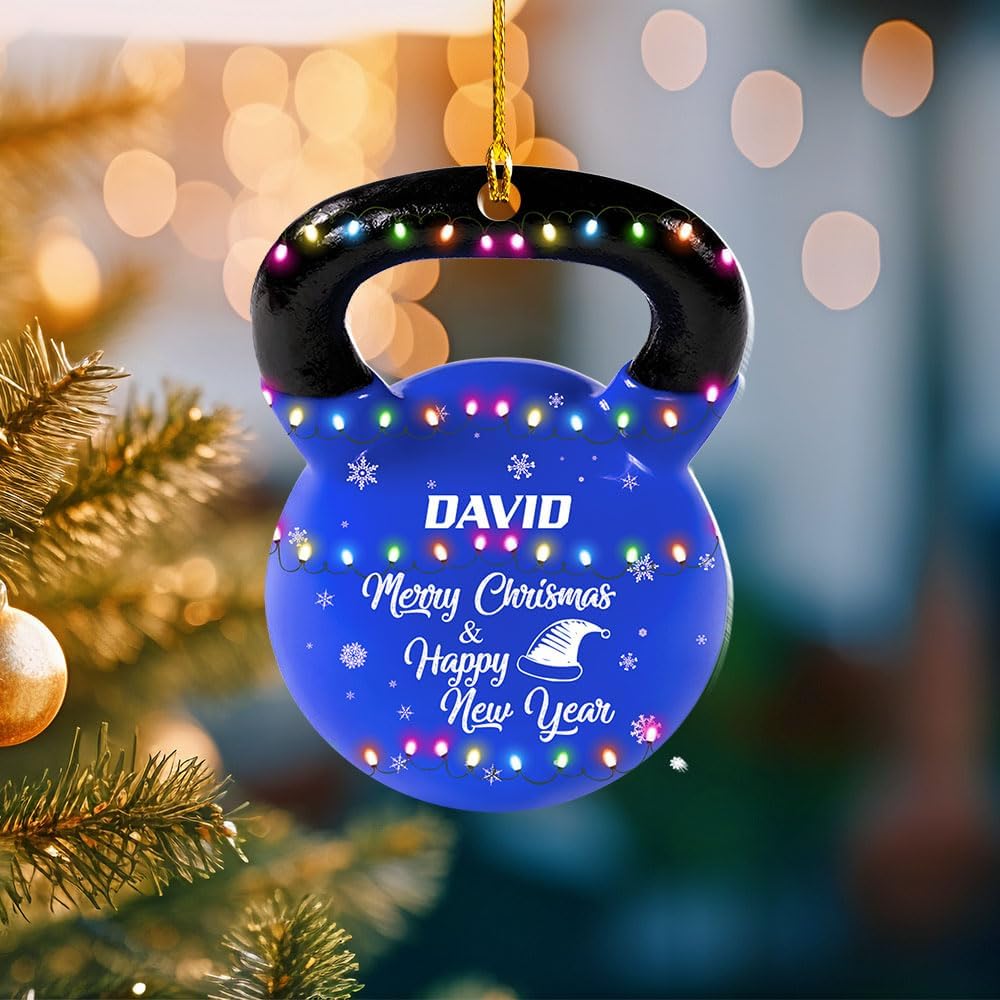 mostprints Personalized Dumbbell Ornament, Fitness Gift for Gym Workout Trainer Coach Instructor, Barbell Weight Plates Custom Ornament for Weightlifter, Weightlifting Ornament (D2)
