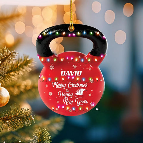 mostprints Personalized Dumbbell Ornament, Fitness Gift for Gym Workout Trainer Coach Instructor, Barbell Weight Plates Custom Ornament for Weightlifter, Weightlifting Ornament (D2)