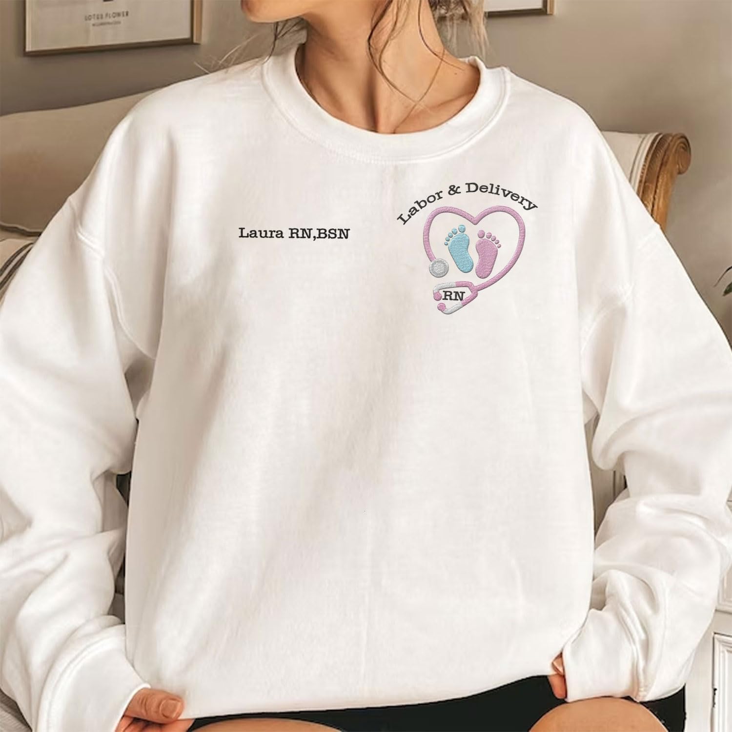 Suseaz Personalized Labor and Delivery Nurse Embroidered Sweatshirt, LD Sweatshirt Hoodie, L&D Sweater for Women