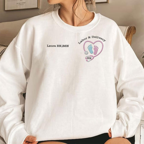 Suseaz Personalized Labor and Delivery Nurse Embroidered Sweatshirt, LD Sweatshirt Hoodie, L&D Sweater for Women