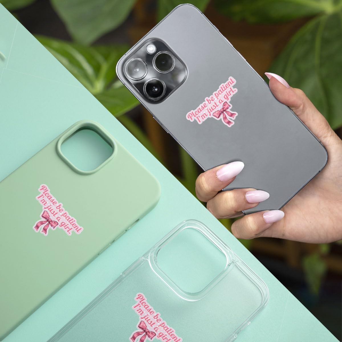 3 Pcs Please Be Patient I'm Just A Girl Sticker, Funny Meme Quote Coquette Pink Bow Stickers Gift Decorations for Helmet Water Bottle Laptop Tumbler Phone Case Cars 3"x3"