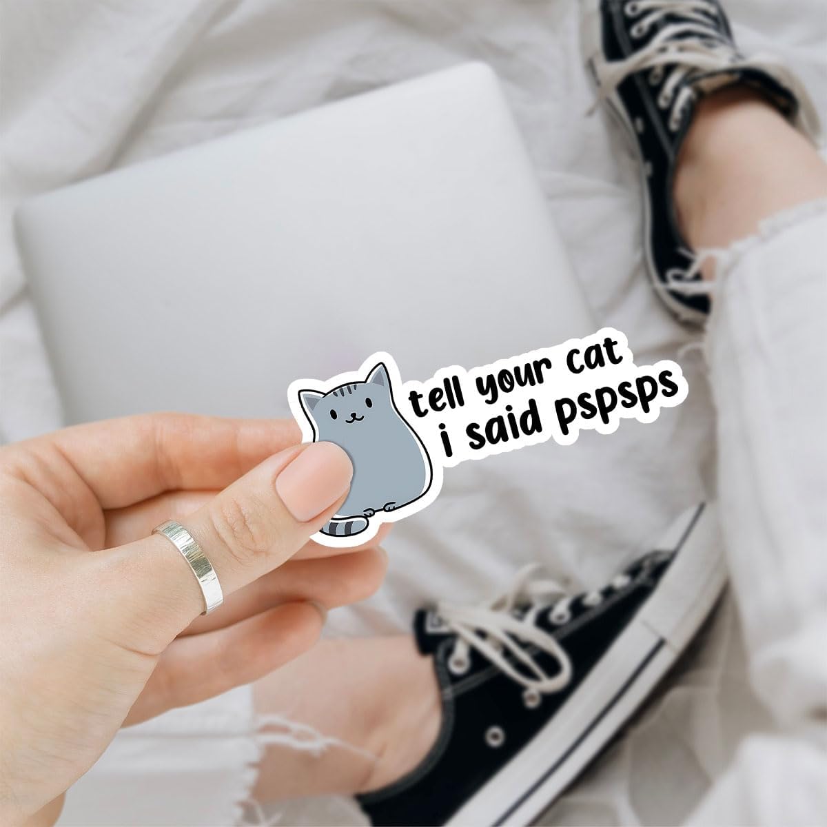 3Pcs Tell Your Cat I Said Pspspsps Vinyl Sticker, Tell Your Cat I Said Pspspsps Bumper Decal, Funny Gray Cat Sticker, Cat Meme Lovers Sticker Gift- Sticker for Laptop Water Bottle Phone Hard Hat 3"