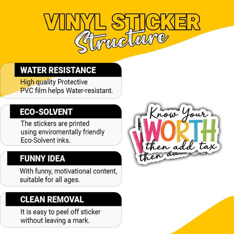 3PCS Know Your Worth Then Add Tax 3" Sticker – Motivational Boss Babe Quote Vinyl Decal Waterproof for Laptop, Water Bottle, Notebook, Mirror – Gift for Women, Entrepreneurs