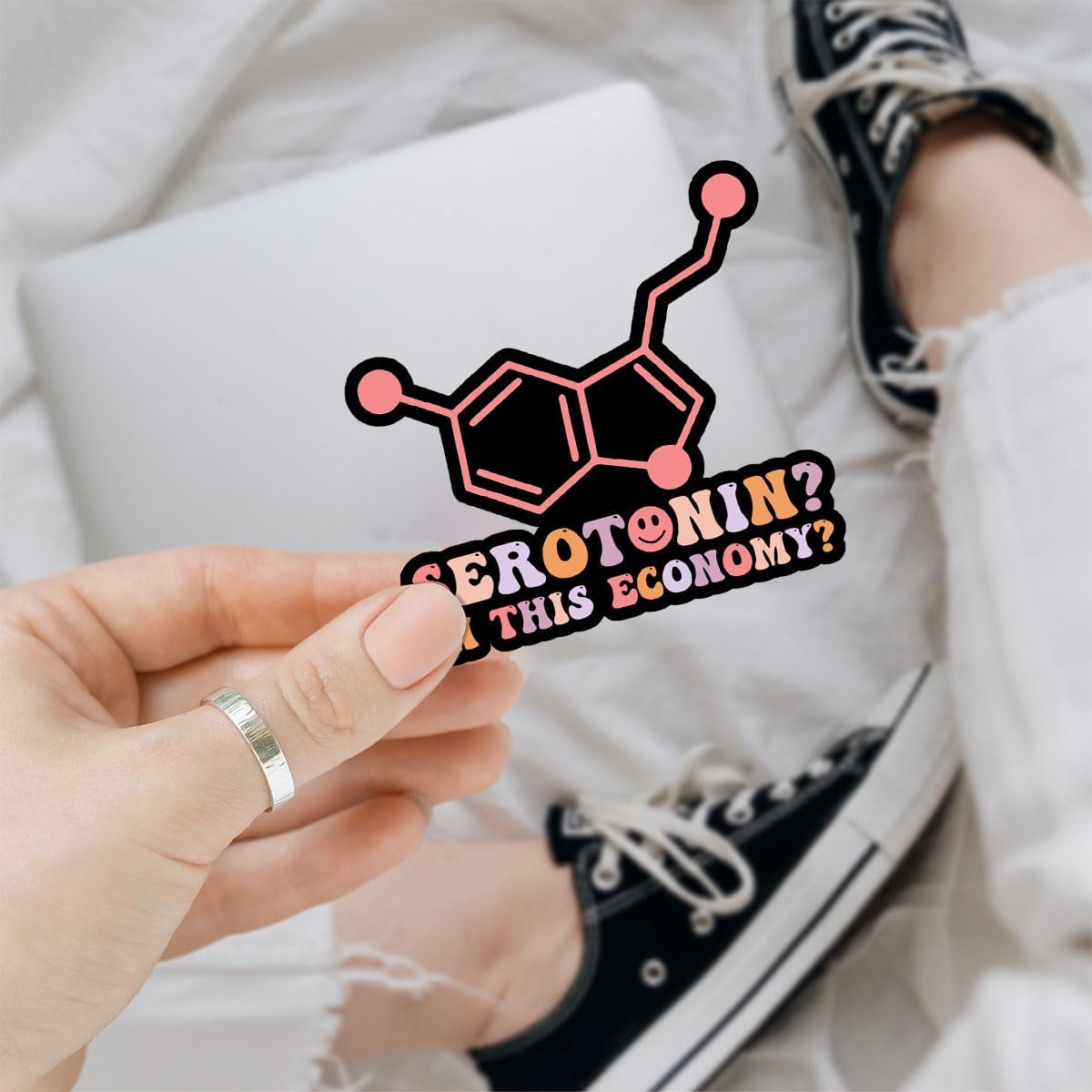3 Pcs Serotonin in This Economy Sticker, Funny Mental Health Humor Sarcasm Sarcastic Anxiety Serotonin This Economy Vinyl Stickers Waterproof for Laptop Water Bottle Phone Car Helmet Gifts 3"x3"