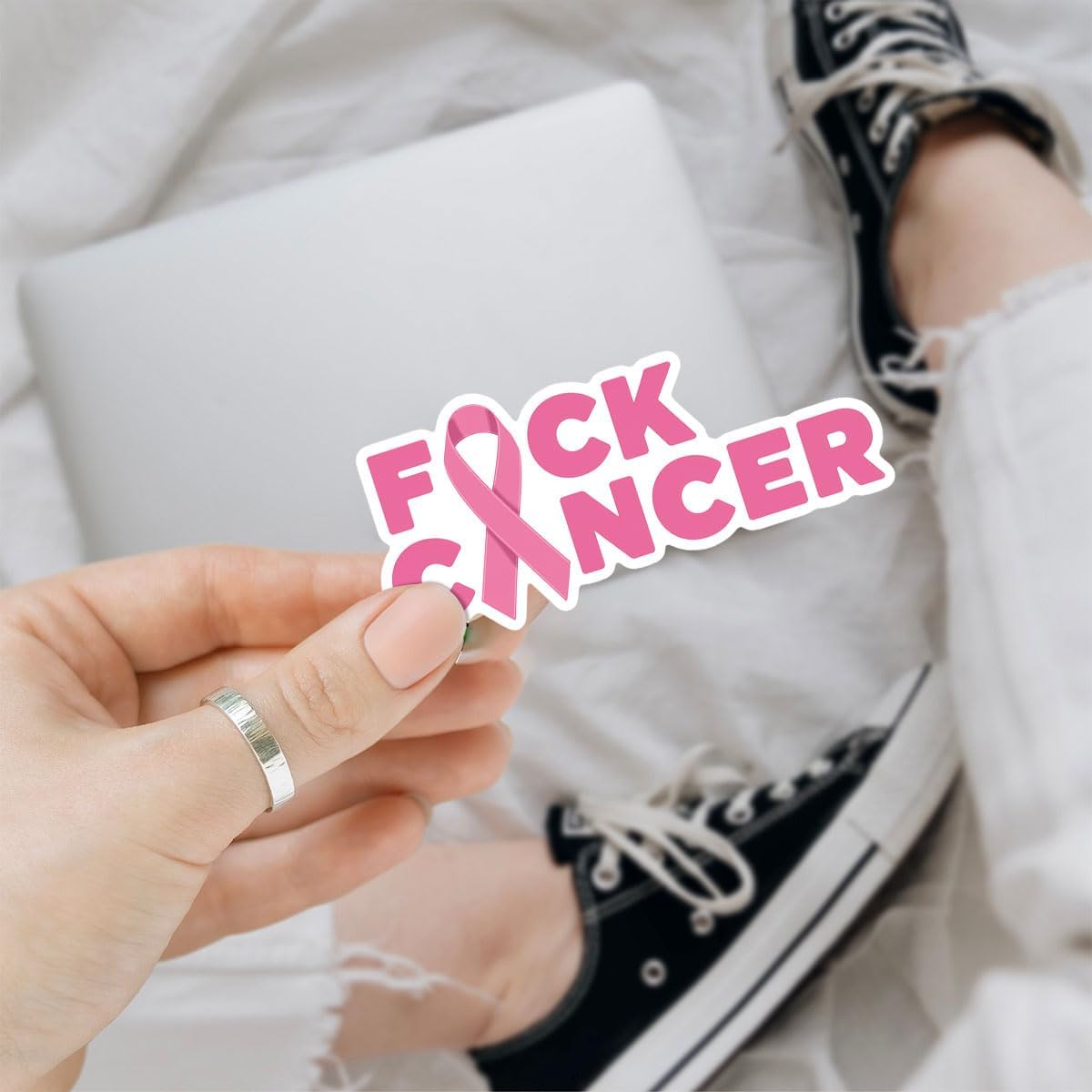 3 Pcs Fuck Cancer Pink Ribbon Sticker, Breast Cancer Awareness Ribbon Sticker, Pink Ribbon Breast Cancer Sticker 3 Inches for Laptop Water Bottle Phone Car Window Helmet Kindles Tumbler