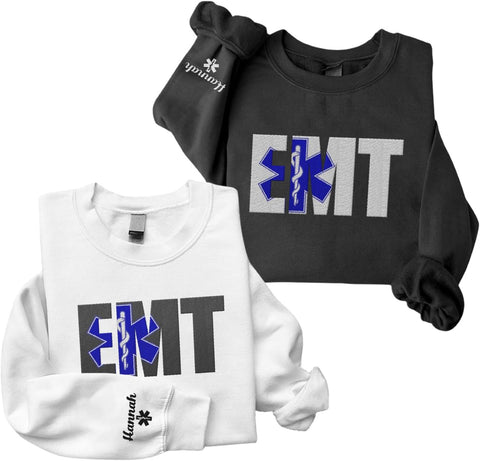 Suseaz EMT Personalized Embroidered Sweatshirt Emergency Medical Technician 911 Hoodie EMS Heart Thin White Line