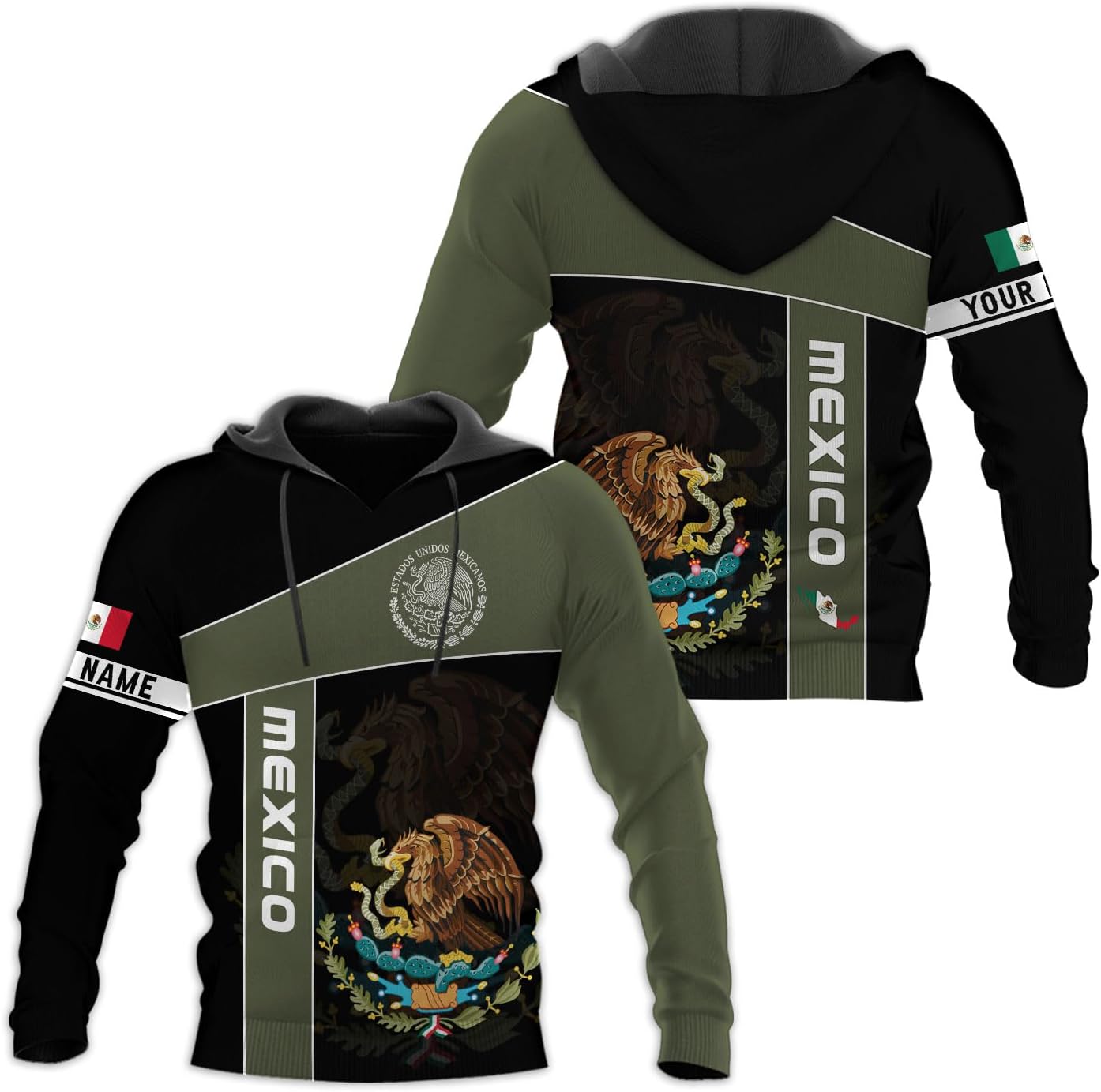 Mostprints Personalized Name Mexican Hoodie 3D, Customized Mexican Hoodies for Men, Unisex Mexico Hoodie,Mexico Hoodies for Men