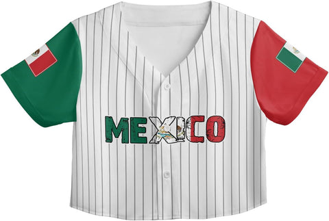 Intenprints Personalized Mexico Crop Top Baseball Jersey Shirt, Mexican Flag Jersey, Mexicano Jersey for Women Mexican Pride
