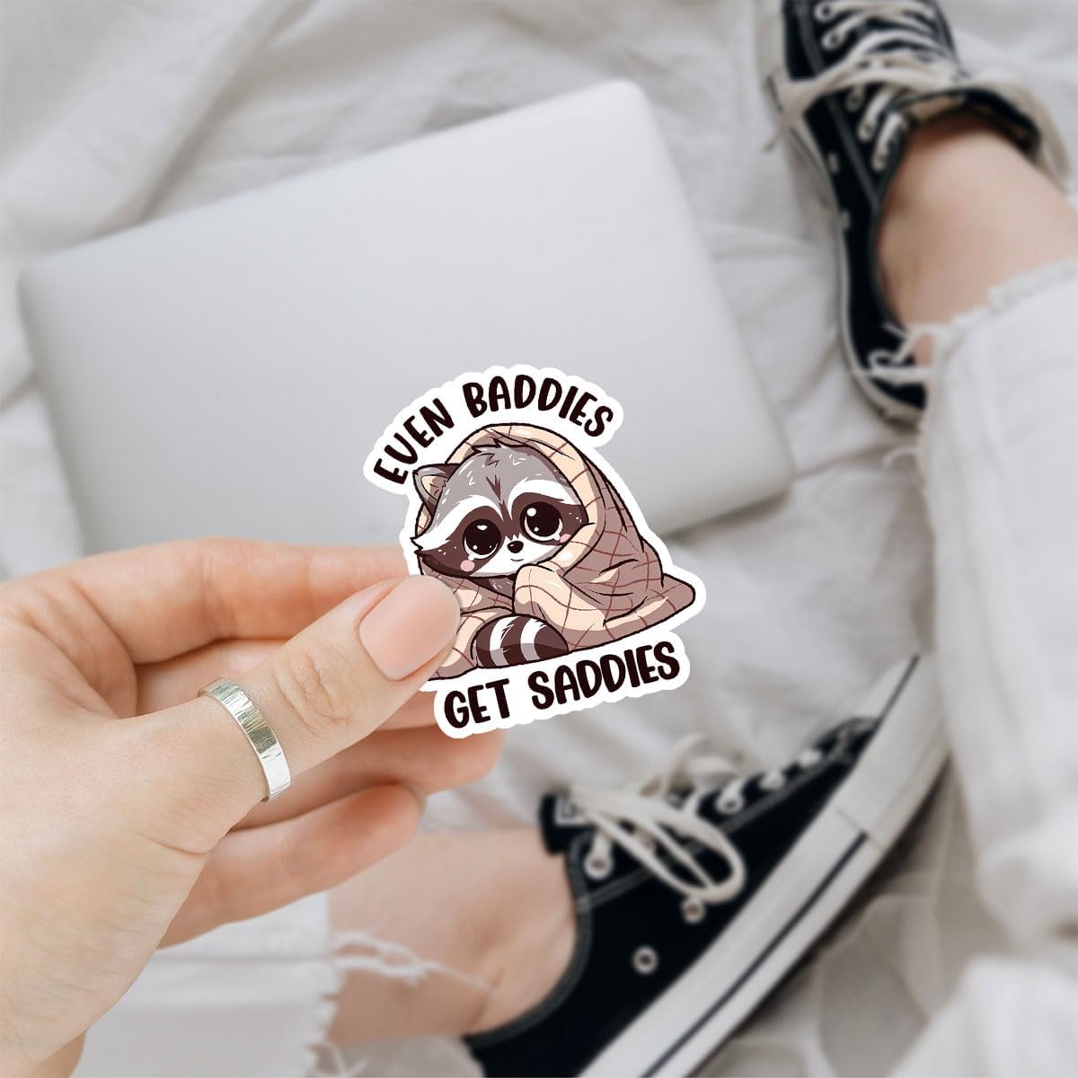 3Pcs Even Baddies Get Saddies Sticker Baddie Funny Mental Health Funny Cute Raccoon Stickers Baddies Get Saddies Anxiety Depression Neurodivergent Decal for Laptop Bottle Phone Car Hard Hat 3"x3"