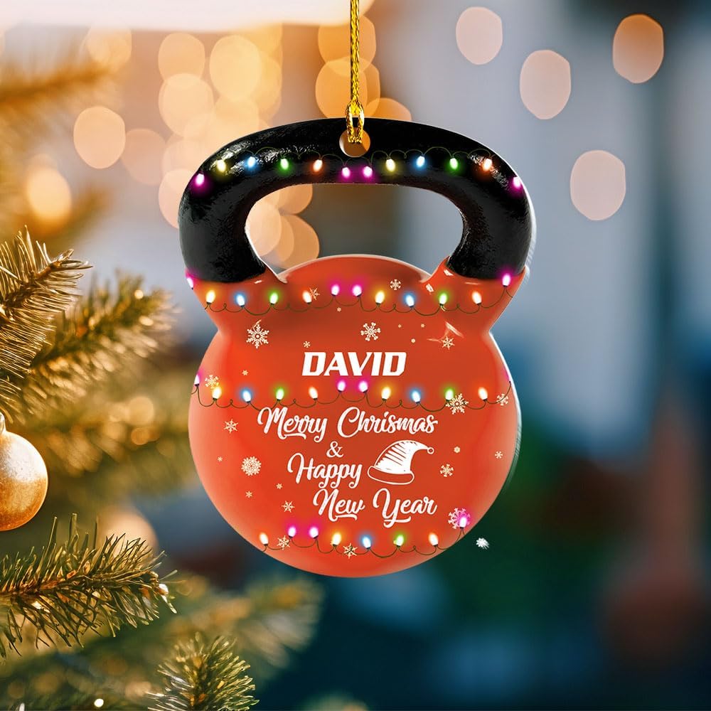 mostprints Personalized Dumbbell Ornament, Fitness Gift for Gym Workout Trainer Coach Instructor, Barbell Weight Plates Custom Ornament for Weightlifter, Weightlifting Ornament (D2)