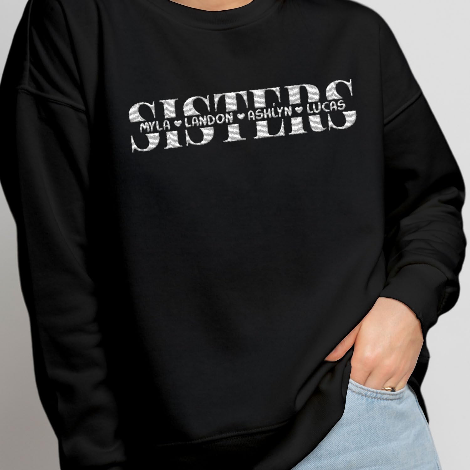 Custom Sisters Embroidered Sweatshirts for Women Family Matching Casual Long Sleeve Pullover BFF Birthday Christmas