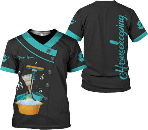 Personalized Housekeeping Shirts, Custom Cleaning Uniforms for Women 3D Cleaning Service Gifts Housekeeper Shirt Clean Lady