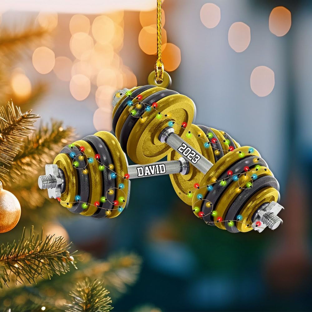 HomeDesign Personalized Dumbbell Ornament, Fitness Gift for Gym Workout Trainer Coach Instructor, Barbell Weight Plates Custom Ornament for Weightlifter, Weightlifting Ornament (D9)