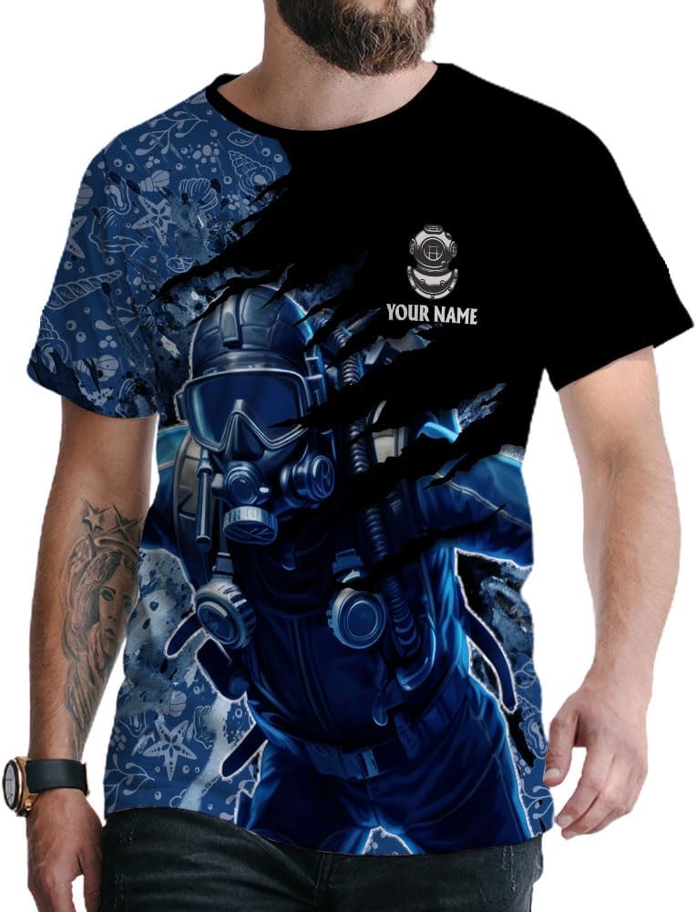 Custom Name Scuba Shirt, Scuba Shirts Mens American Flag Scuba Diving Scuba Shirt Scuba Diver Snorkeling T-Shirt Scuba Gifts (Polyester, SD10)