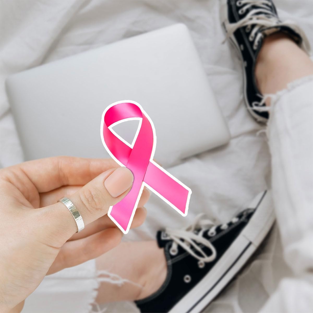 (3Pcs) Breast Cancer Awareness Pink Fighter Ribbon Vinyl Decal Sticker, Fuck Cancer Pink Ribbon Sticker Breast Cancer Car Decal Sticker Waterproof for Water Bottle, Car, Helmet Decal 5" (Ribbon 1)